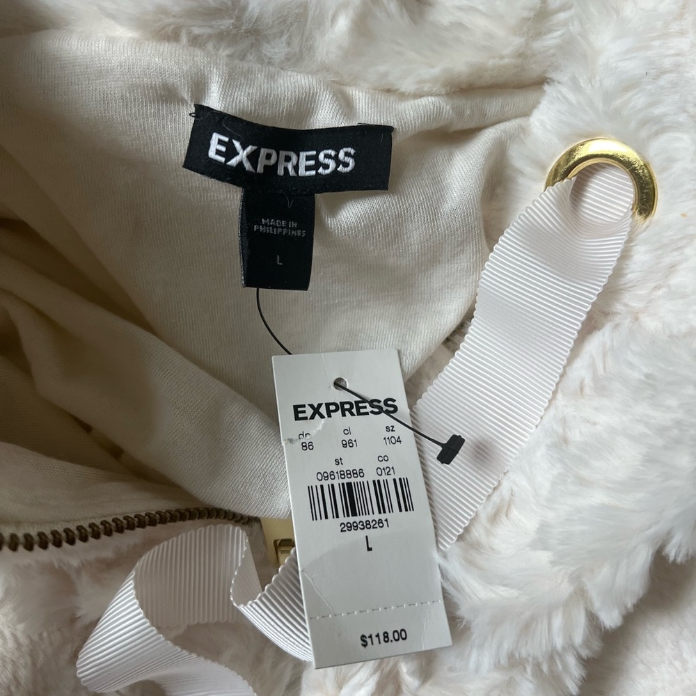 Express Cream Faux Fur Jacket with Ribbon Tie - Picture 2 of 2